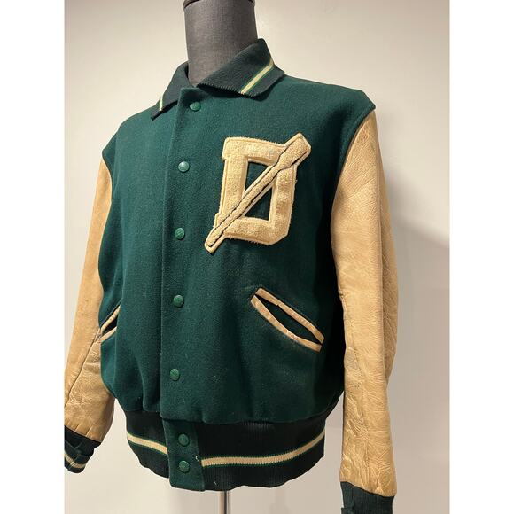 Men's Varsity Letterman Bomber Jacket Green Yellow D Dartmouth Rowing - Picture 2 of 15
